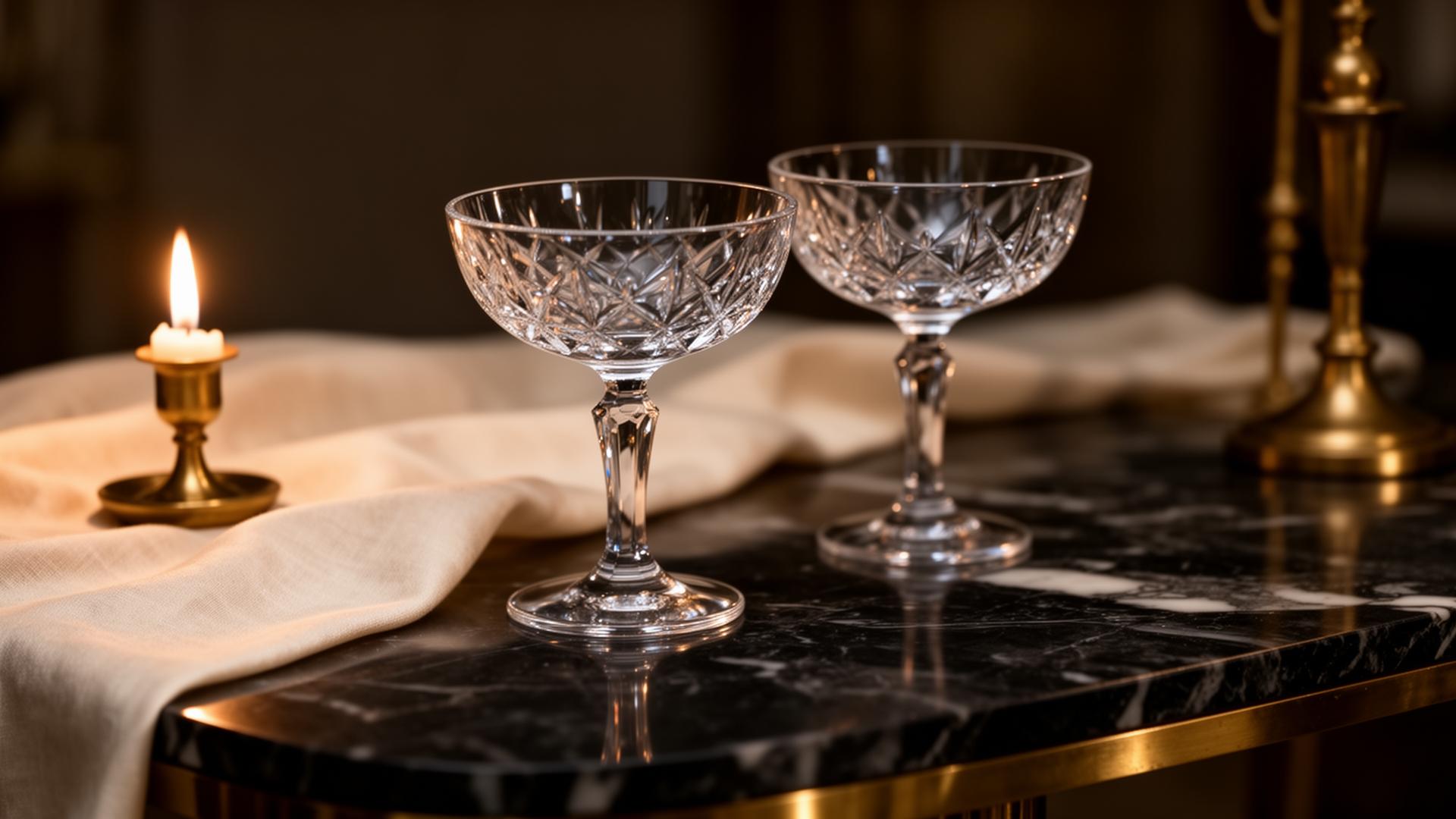 Crystal coupes on dark marble — editorial still life