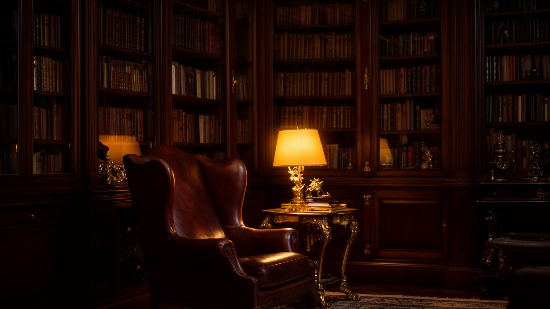 A quiet library lit by a single lamp